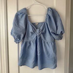 JODIFL Blue and White Striped Puff Sleeve Blouse